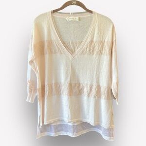 🥑Laurie B Striped Sweater Small Cream Pink Mesh V Neck Lightweight Knit